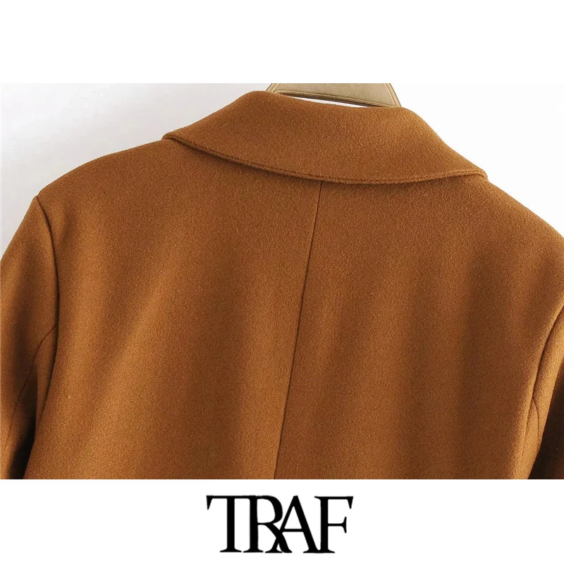 

TRAF Women Fashion WIth Pockets Double Breasted Woolen Vintage Long Sleeve Back Vents Female Outerwear Chic Overcoat