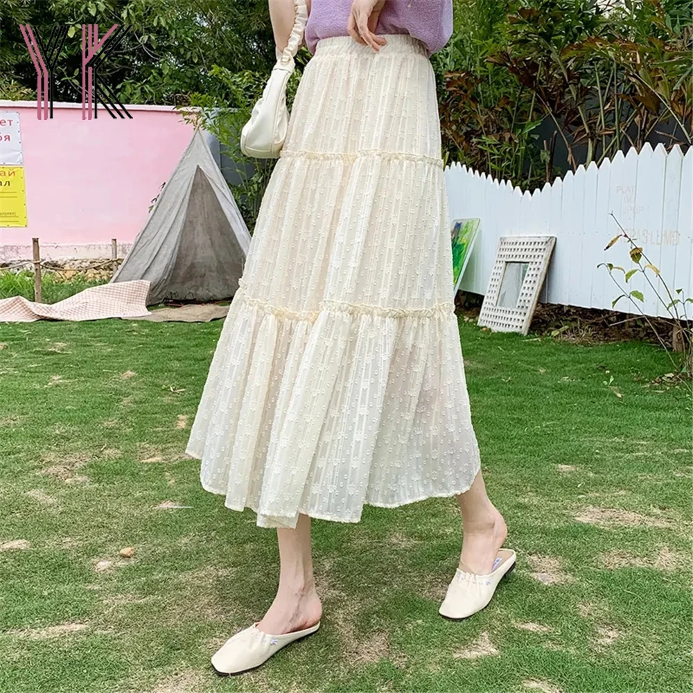 

Embossed Ruffle Stitching Chiffon Cake Long Skirts Sweet Kawaii Chiffon Women Skirts Korean Elastic High Waist Fashion Wild Saia