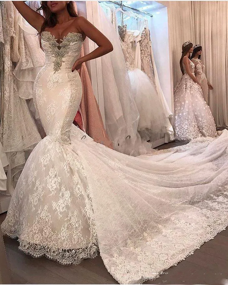 

2022 Sexy Mermaid Wedding Dresses Lace Appliques Luxury Sweetheart Wedding Dress Tulle Detachable Count Train Bridal Gowns