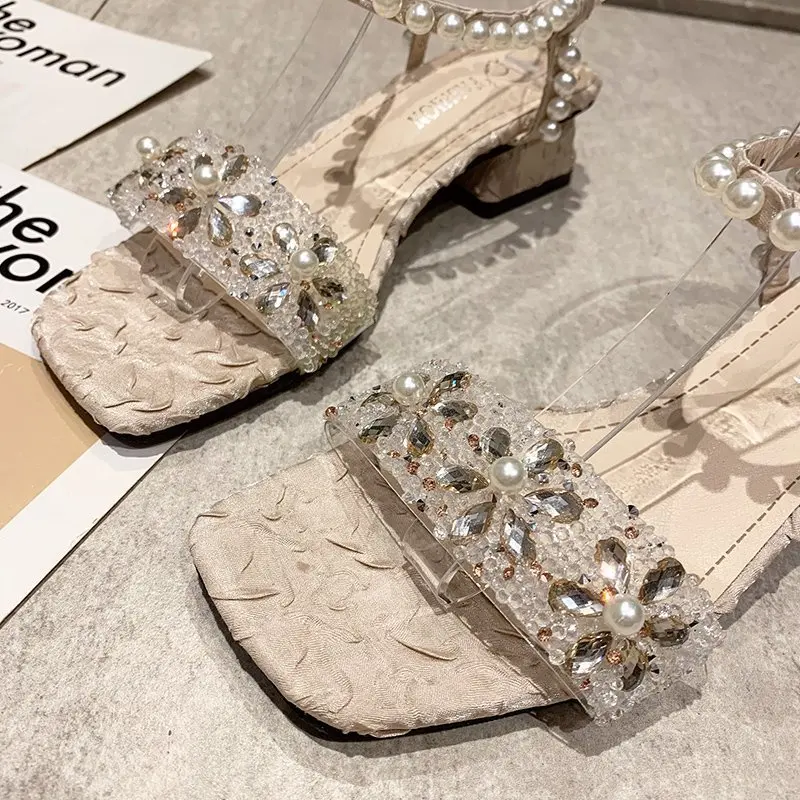 

2021 New Pearl two high heeled shoes fairy style middle heel thick heel open toe one line sandals for young women sexy sandals