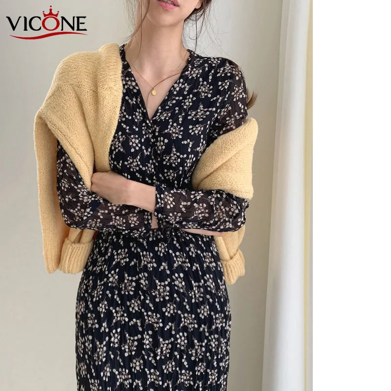 VICONE шикарное Плиссированное цветочное шифоновое платье с v образным вырезом на