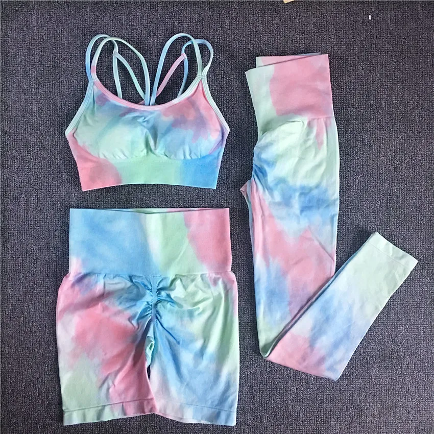 1/2/3Pcs Women Tie Dye Sportswear Yoga Set, Workout Leggings,Scrunch Leggings,Gym Shorts,Seamless Gym Sports Bra, Yoga Tracksuit