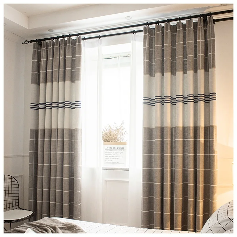 

Modern Linen Blackout curtains for bedroom Mediterranean style stitch Curtains for Living Room Gray plaid matching Brown curtain