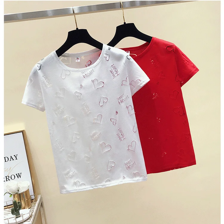 

New summer short sleeve T-shirt with hollow out crew neck and loose and fashionable top