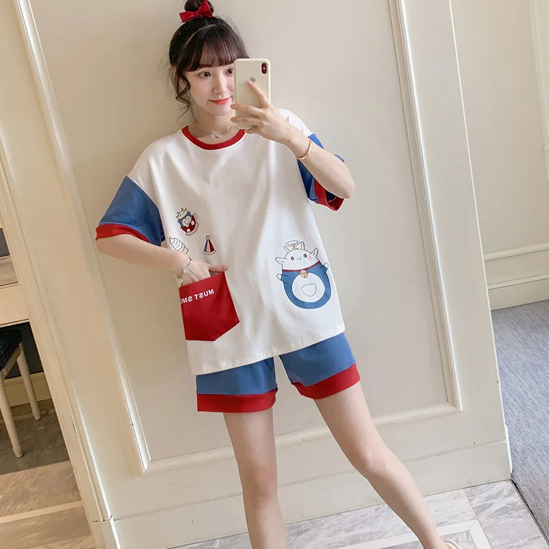 

Bell Cup Pajamas Women's Summer Short Sleeve Thin Pure Cotton Two-Piece Suit Spring and Autumn Loose Korean Style Cute