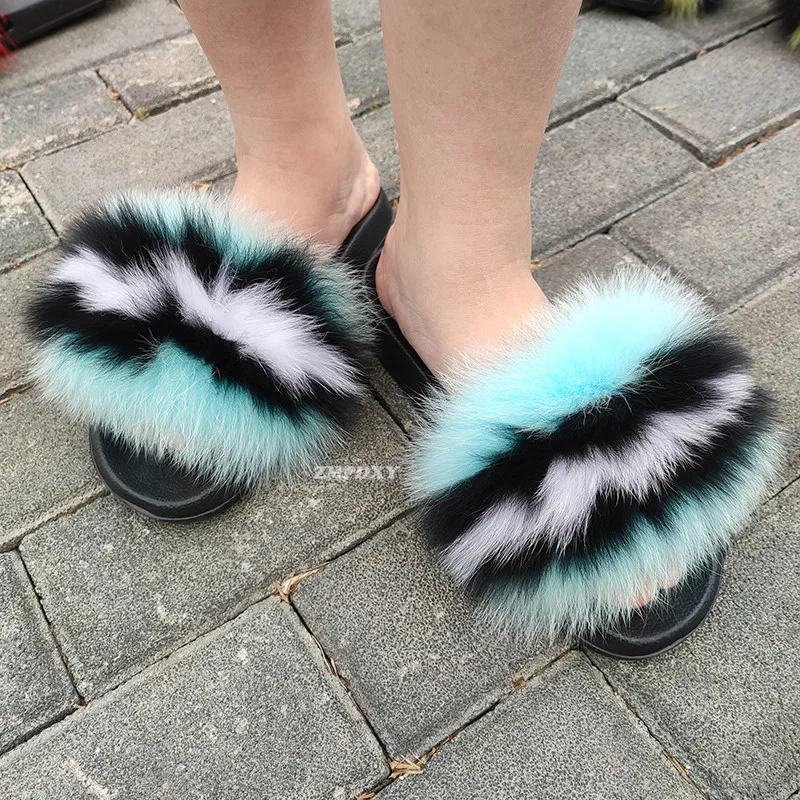 

Fur Slides For Women Real Fox Fur Slippers Raccoon Fur Flip Flops Home Flat Fuzzy Shoes Plush Size Beach Sandals Wholesale