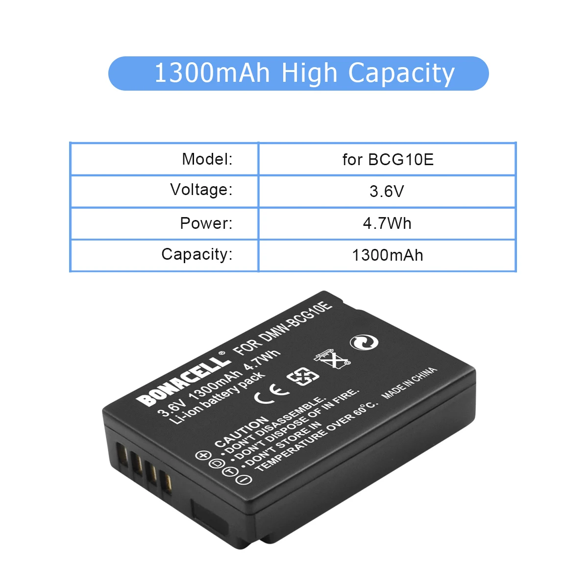 

Bonacell 1.3Ah BCG10E Rechargeable Battery for DMW-BCG10 DMW BCG10 for Panasonic DMC-3D1DMC-TZ7 DMC-TZ8 DMC-TZ10 DMC-TZ18