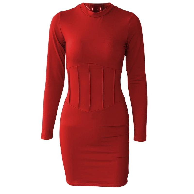 

Women Autumn Long Sleeve O-Neck Bodycon Mini Dress Solid Color Ruched Striped High Waist Sexy Package Hip Basic Party BX0A