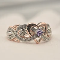 exquisite silver plated filled rose gold princess ring purple crystal zircon heart ring bridal ring engagement jewelry for women