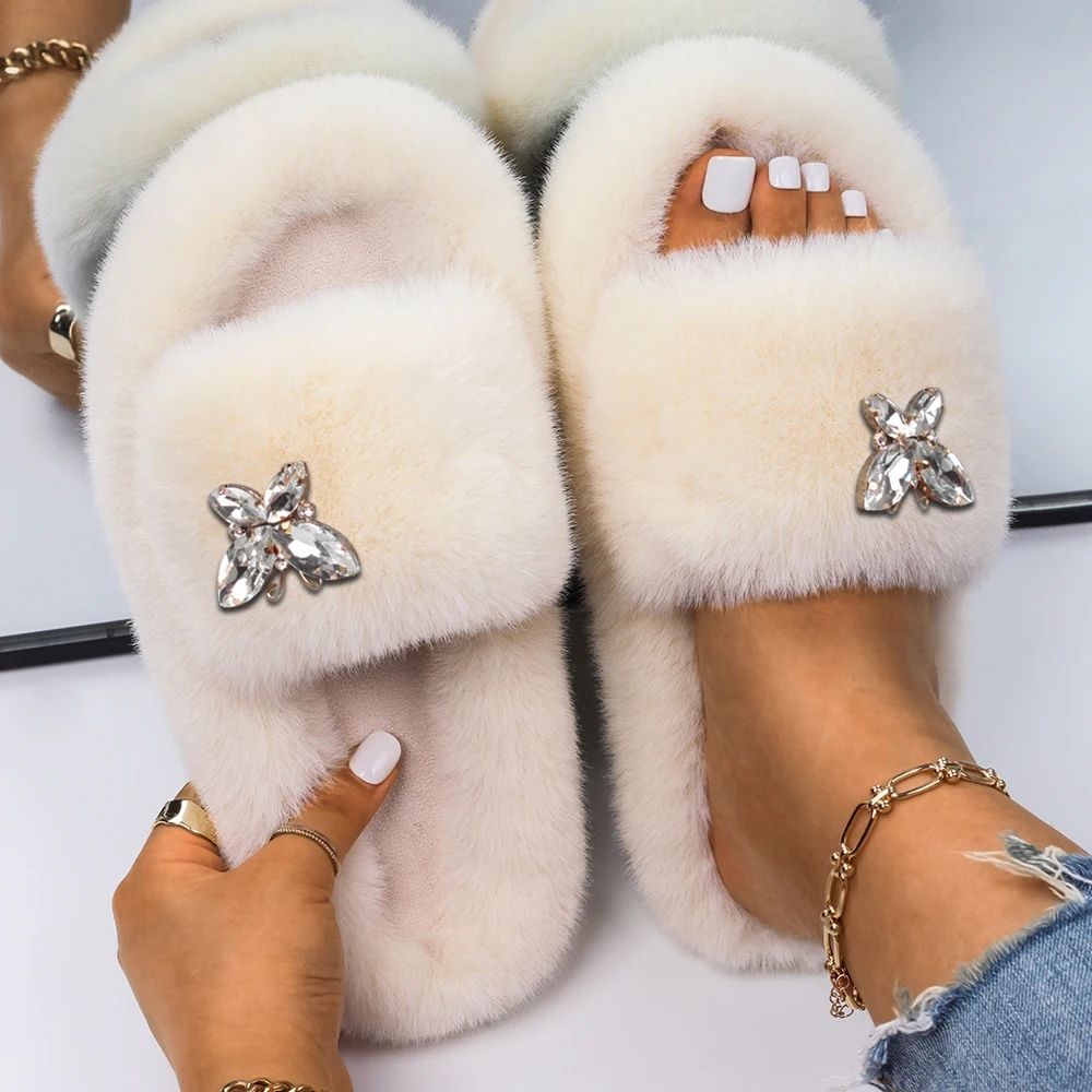 Fur Slippers Crystal Butterfly Platform Sandals Faux Fur Slides Ladies Luxury Flip Flops Plush Slippers Shoes For Women 2021