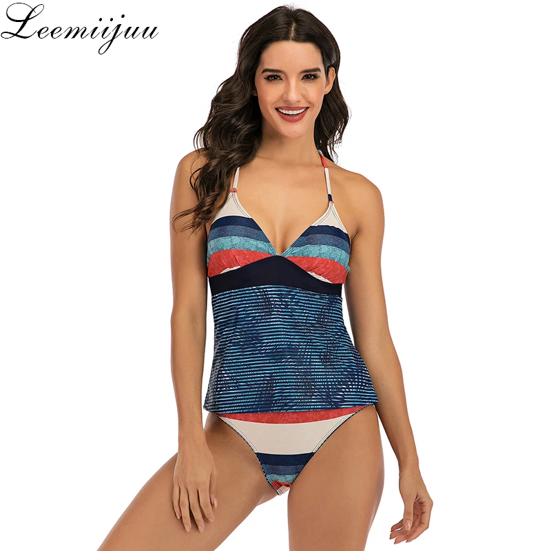 

LEEMIIJUU Plus Size XXXL Women Swimsuit Two Piece Stripe Bandage Split Halter Shower Swimwear Beachwear Colorful Push Up Bikini