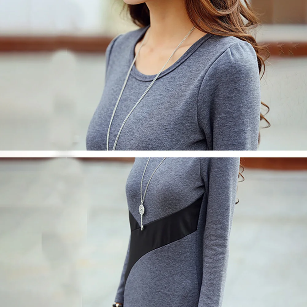 

Women Sexy Pu Leather Patchwork Bodycon Mini Dress Fall Winter Fashion Long Sleeve O-neck Pure Color Slim Office Pencil Dresses