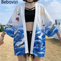 women harajuku hip hop fashion casual streetwear jacket summer cardigan yukata japanese crane printed white blue kimono