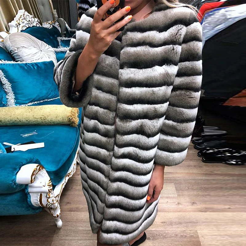 90cm Long Real Chinchilla Color Rex Rabbit Fur Coat O-neck Luxury Women Winter Fashion Genuine Rex Rabbit Fur Coats Full Pelt