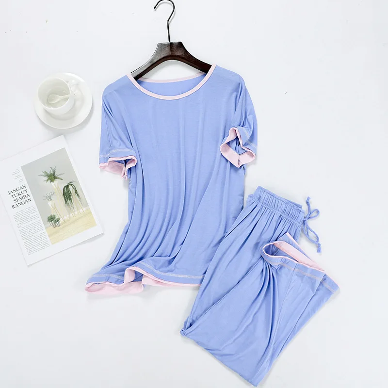 

Blue Modal Women Pajamas Set Short Sleeve Shirt&Pants Summer New 2PCS Sleepwear Female Pijamas Suit Loose Loungewear Sleep Set