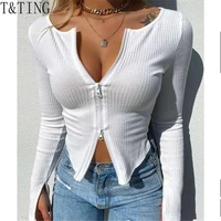 women t shirt spring autumn clothes ribbed knitted long sleeve crop tops zipper design tee sexy female slim tops fz057