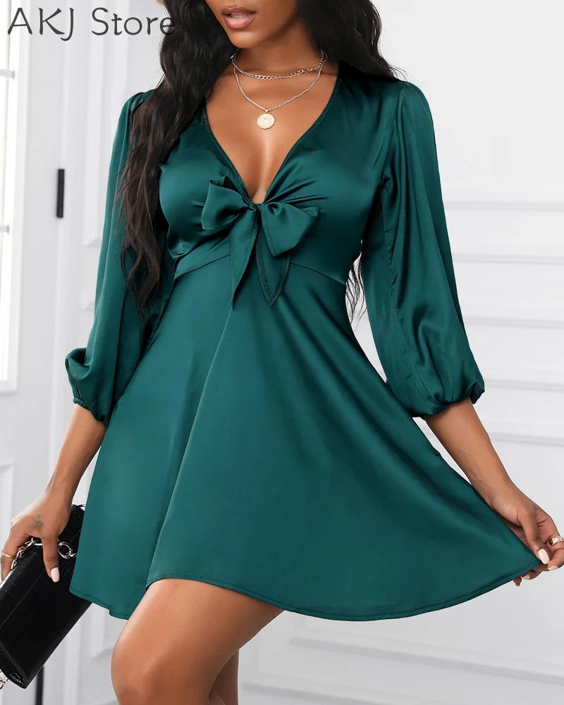 

Women Mini Satin Puff Sleeve Plunge Tie Front Dress