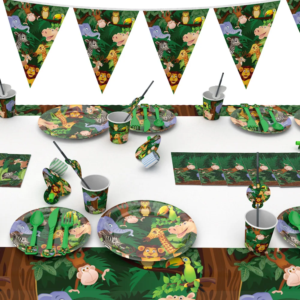 

Jungle Party Forest Zoo Theme Decoration Disposable Tableware Animal Pattern Paper Plates Cups Kids Baby Shower Party Supplies
