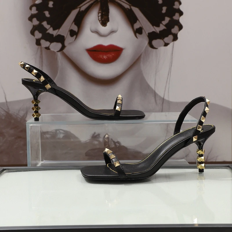 

2021 Summer Sandals Women black spikes Heels Shoes Fashion lady high heels shoes pumps open toe Slingback