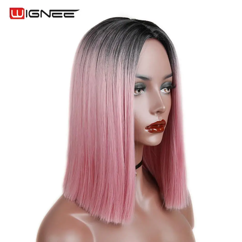 Wignee 2 тона Омбре розовые короткие прямые волосы синтетические для черных/белых