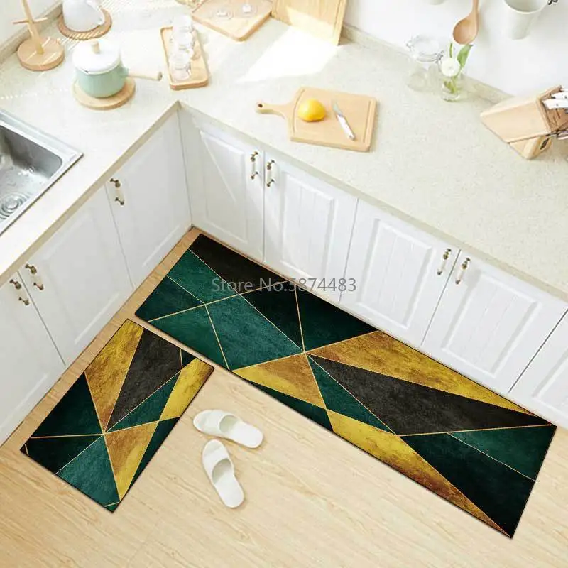 

Fashion Light Luxury Modern Green Gold Geometric Kitchen Mat Combination Entry Mat Bedroom Non-slip Bedside Blanket