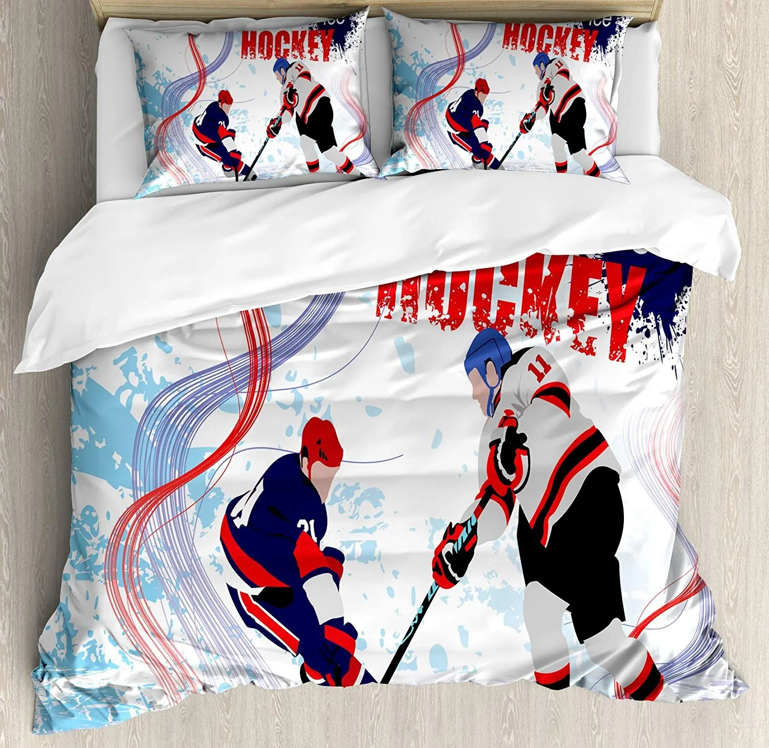 

Hockey Bedding Set Two Ice Hockey Players in Cartoon Style on Grunge Abstract Skating Rink Backdrop Duvet Cover Pillowcase