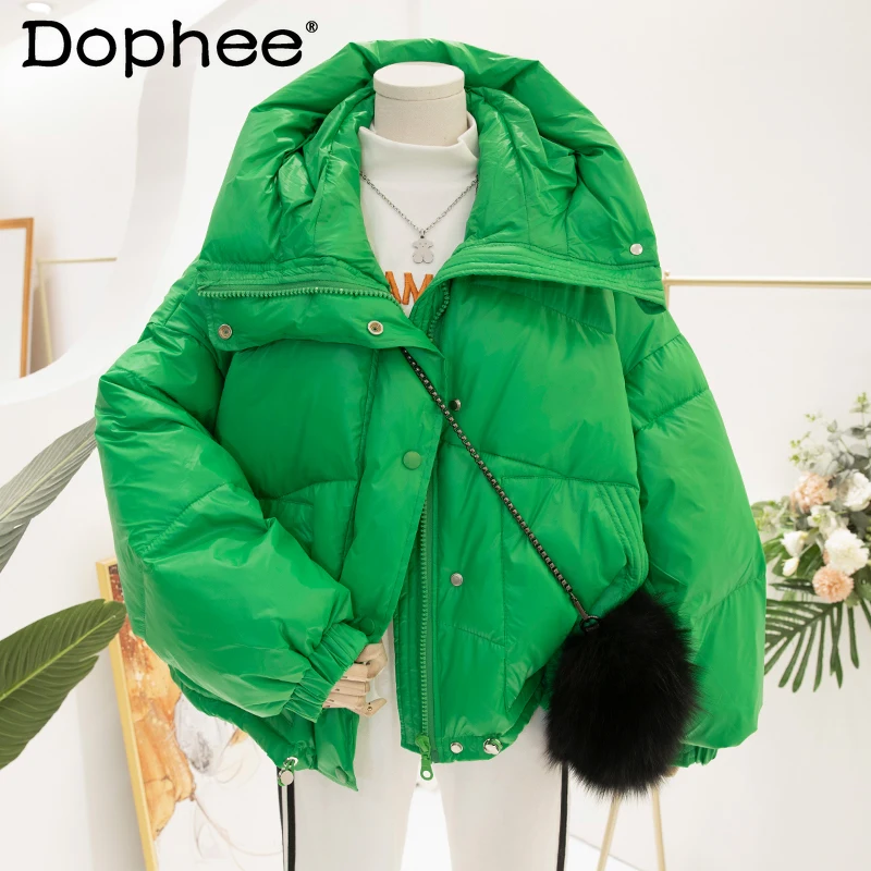 

2021 Winter Down Jacket Women Loose Long-Sleeved Hooded Thicken Puffer Jacket Students Solid Color Short Down Cotton Padded Coat