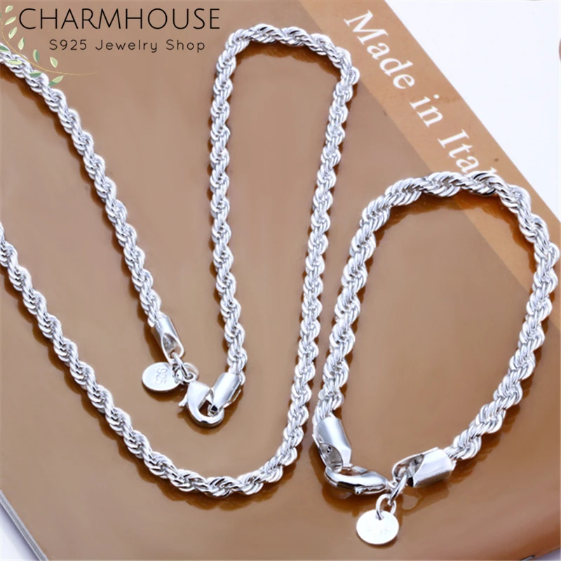 Charmhouse Серебро 925 комплекты украшений для женщин мужчин 3 мм браслет с витой цепью ожерелье 2 шт наборы модные ювелирные изделия бижутерия
