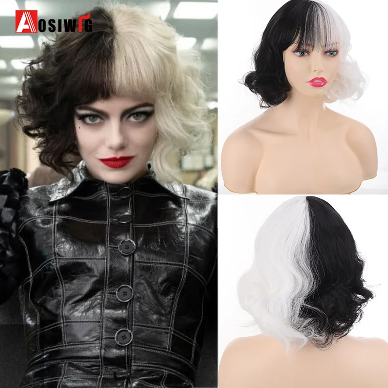 Aosiwig Cruella Cosplay Wig With Bangs Synthetic Short Wavy Hair Half Black White Costume Halloween Christmas Wigs For Women