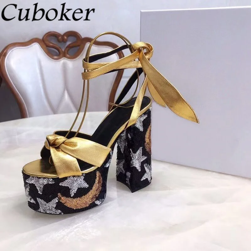 

Genuine Leather Painted Platform High Heel Shoes Women Strappy Peep Toe Knot Sandals Women Shoes Sexy Stiletto Wowen Pumps Shoes