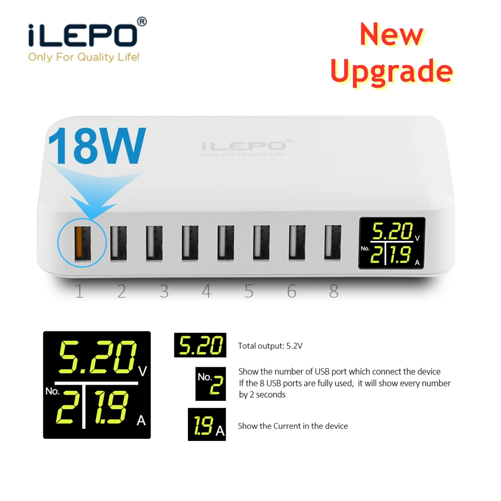 

Зарядное устройство iLEPO 8 USB, разветвитель 60 Вт, зарядное устройство со светодиодным дисплеем, умная Зарядка IC для iPhone, Samsung, Xiaomi