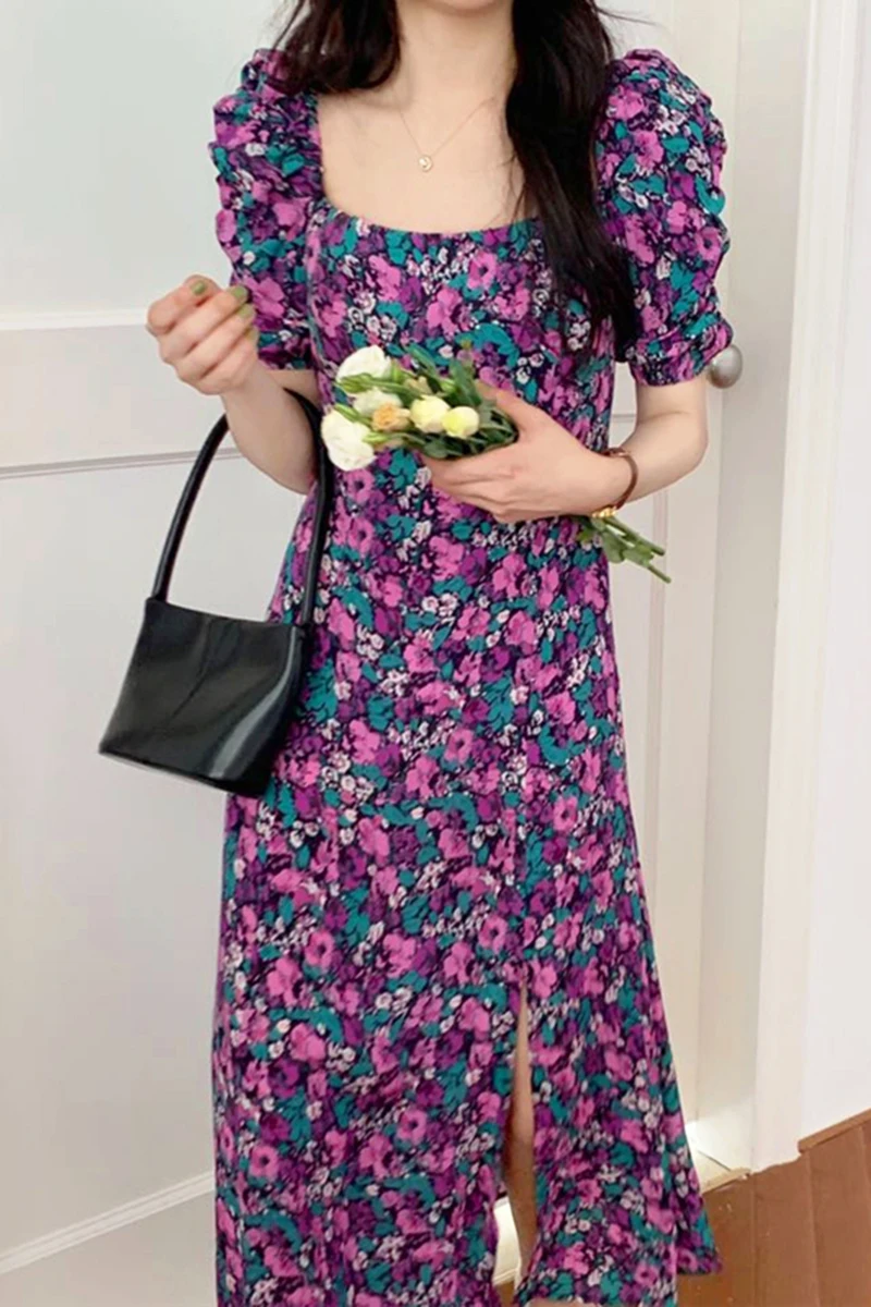 

YAMDI 2020 new dresses short puff sleeve party woman a-line summer vintage korean midi dress women elegant print floral vestidos