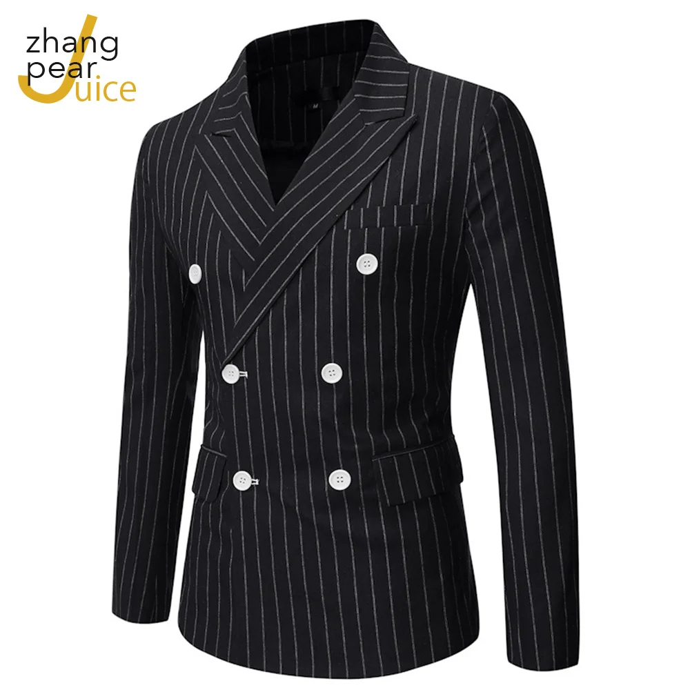 

New Men's blazer Stripe Suit Jacket Slim Fit Double-Breasted Notch Lapel Blazer Jacket Long Sleeve Back Split Blazer Coat