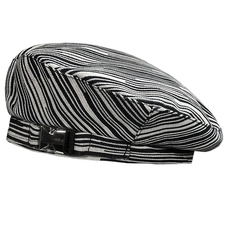 

Personality Metal Buckle Beret Women Spring and Autumn Fashion Striped Trend Hat New Flat Top Painter Hat