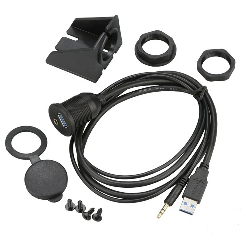 

NEW-6.6TF Flush Mount Cable USB+3.5mm Female to USB+3.5mm Male Dash Panel Waterproof Extended Cable,for Car Motorcycle Boat