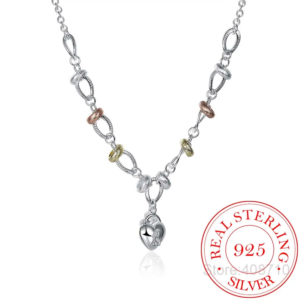 

New Arrivals 925 Sterling Silver LoveLock Heart Necklaces for Women Wedding Jewelry 18inch Long Necklaces Statement Jewelry