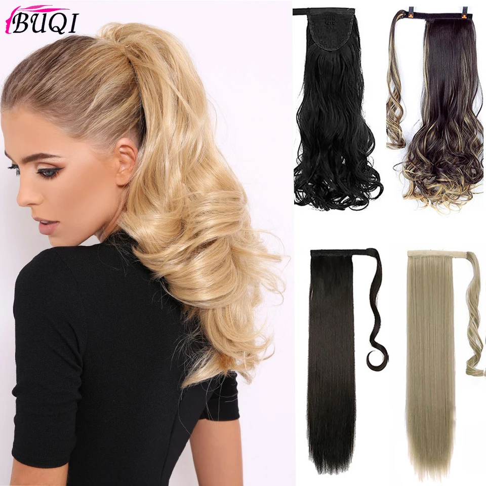 Длинные прямые волнистые парики Buqi для конского хвоста Волшебная обертка