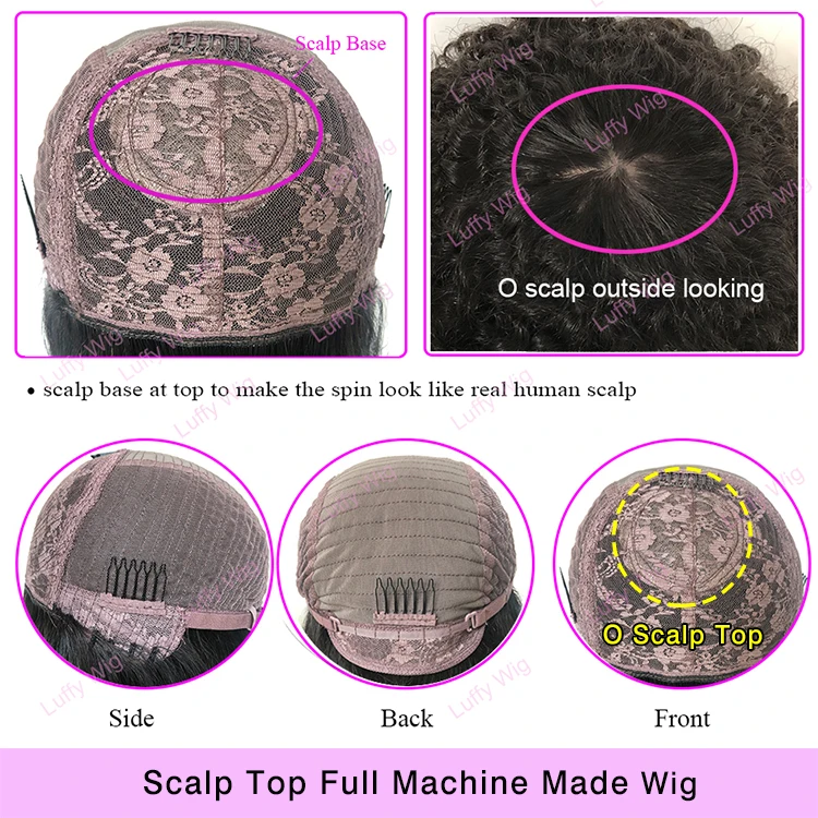 

200Density Afro Kinky Curly Wig Human Hair With Bangs Brazilian Remy Hair Machine Wigs With Scalp Top Spin For Black Women Luffy