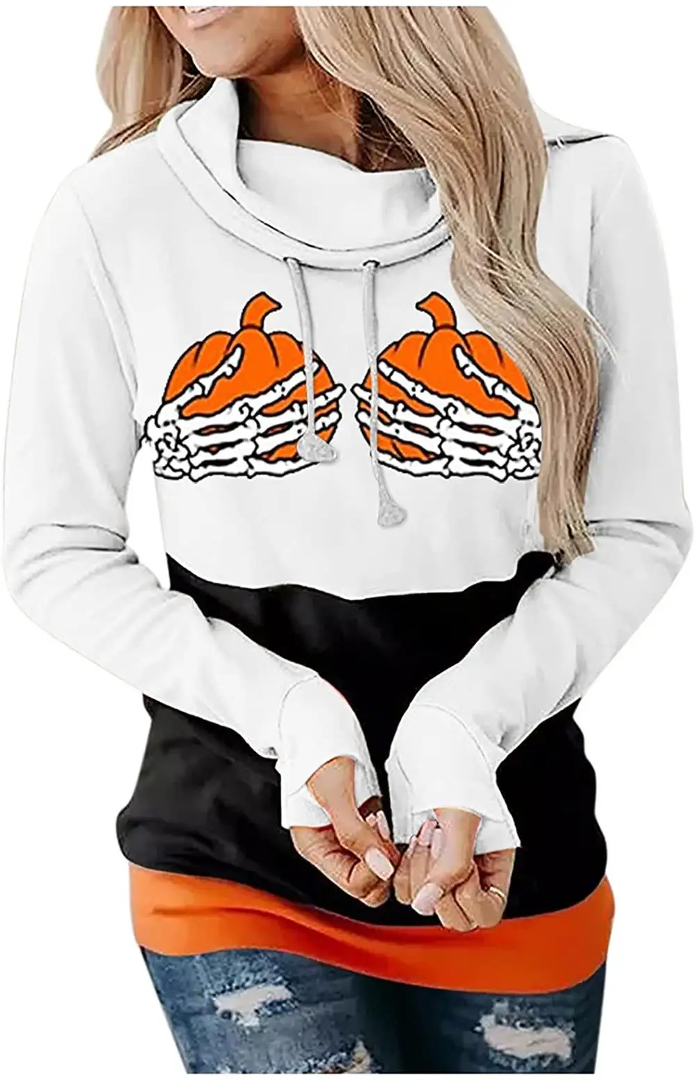 

Skull Halloween Hand Pullovers Pumpkin Print Patchwork Contrast Long-Sleeved Sweatshirt Hooded Slim Tops Women Clothes