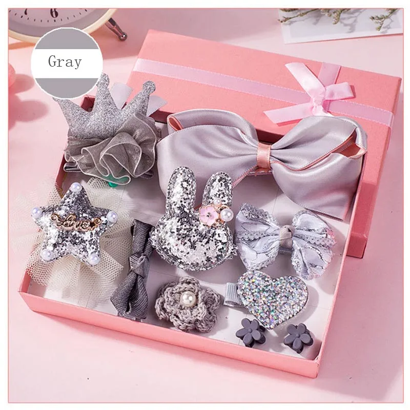 10pcs Gray with box 10 шт. набор головных уборов, игрушки для девочек, детские аксессуары, бант из ленты, заколка для волос, заколки для волос, платье принцессы, красивая и модная игрушка - Цвет: 10pcs Gray with box