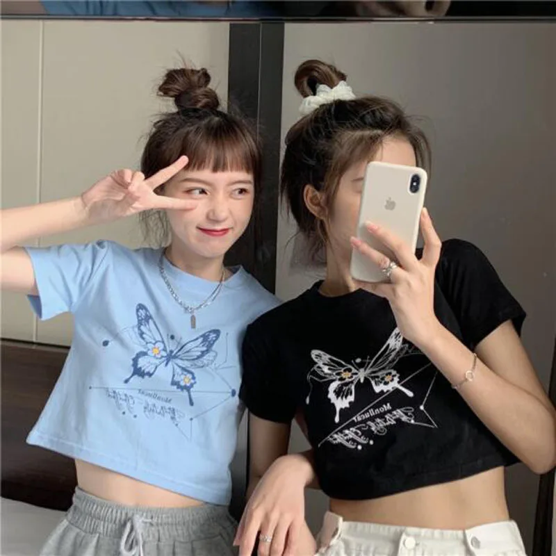 

Butterfly Print T-shirt Women Short Length Short Sleeve Round Neck Women Tops Tees Slim Fit Tshirt Women