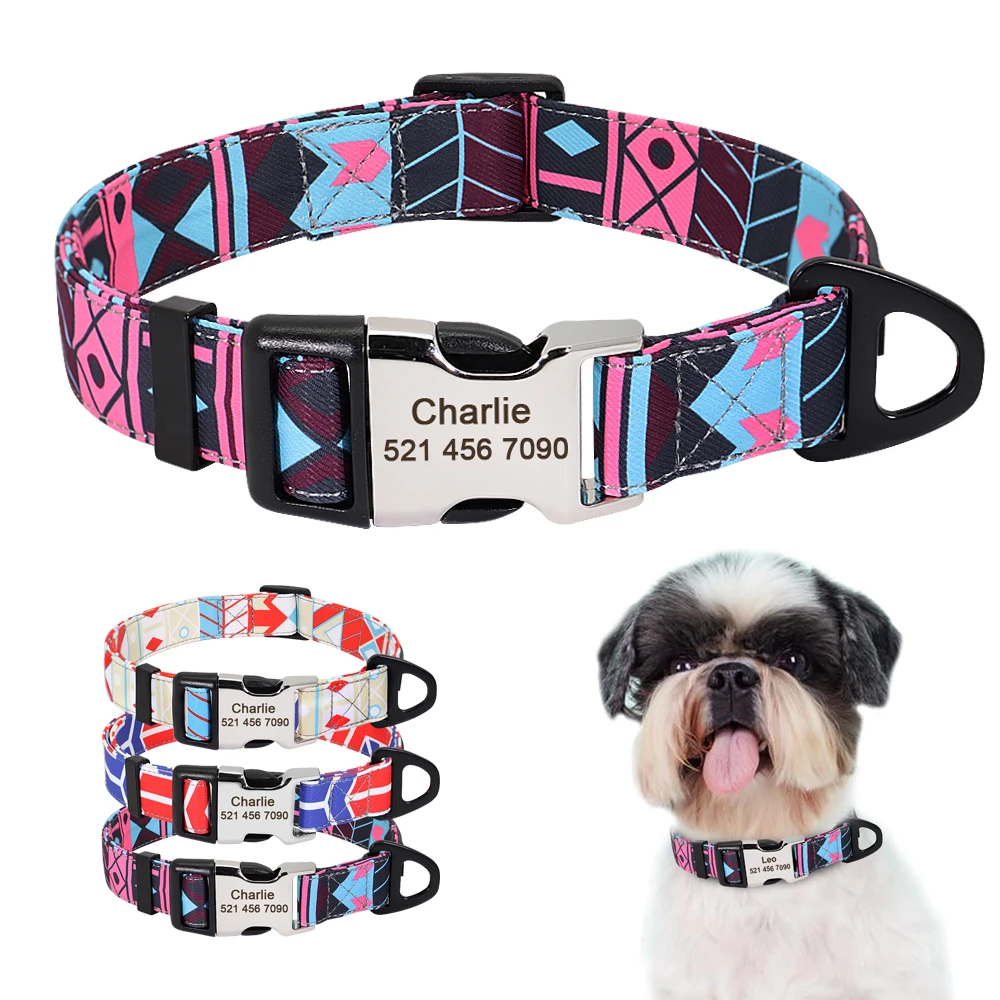 

Nylon Customized Dog Collar Fashion Printed Dog Lead Leash Personalized Pet ID Tag Collars Free Engraving For Small Medium Dogs