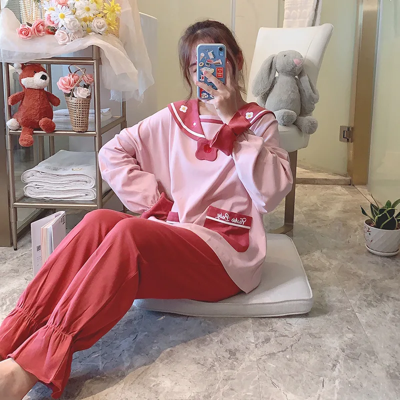 

Pink 2PCS Floral Print Pajamas Set Women Cute Long Sleeve Top&Pant Home Wear Sweet Ruffles Sleepwear Lounge Cotton Nightwear
