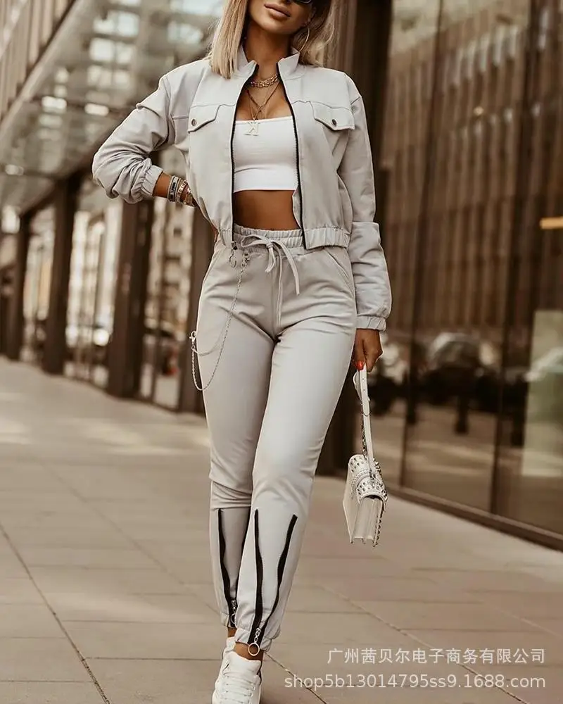 

2021 European and American fashion zipper stitching casual suit
