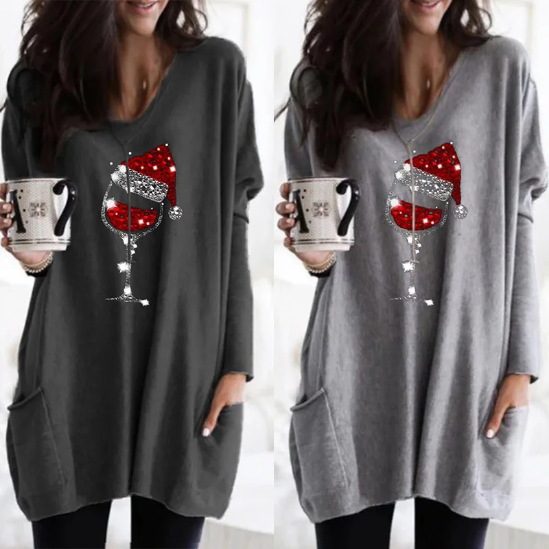 

Donsignet Long T-shirt Christmas Print Autumn Winter New Pocket Dresses for Women