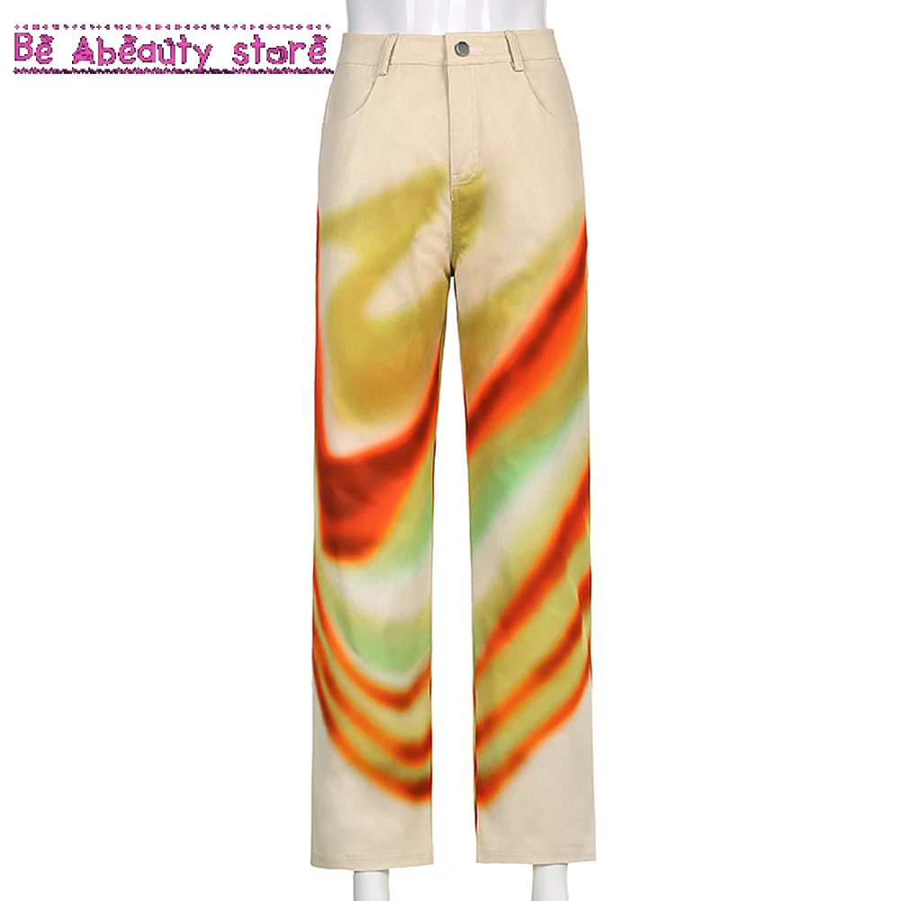 

Брюки женские прямые с завышенной талией и принтом, в стиле Харадзюку