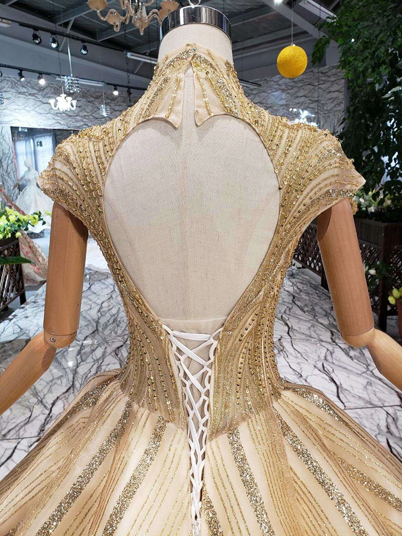 BGW 327ht Luxury Prom Dresses 2019 Brush Train High Neck Short Sleeves Open Back Shiny Evening Dresses Golden Lace Sweep Train