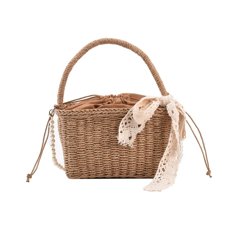 

Women's Woven Straw Shoulder Bags Pearl Chain With Bow Refreshing Crossbody Bags For Female Solid Color Lady's Handbags Wallet