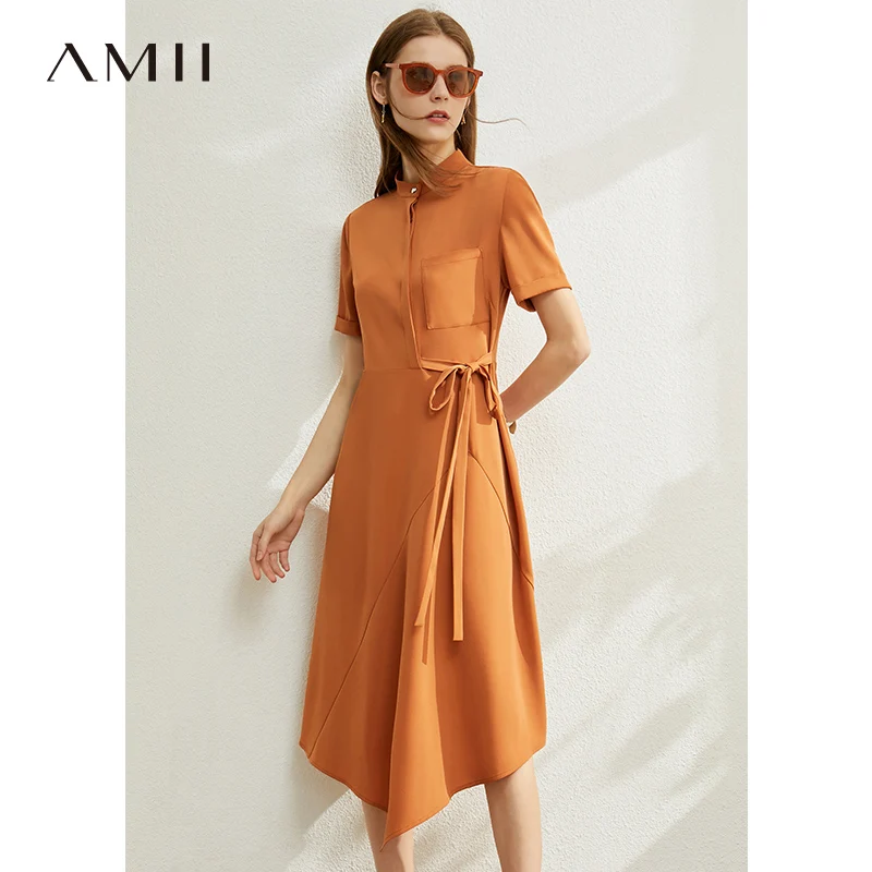 Женское платье с круглым вырезом AMII повседневное однотонное высокой талией и