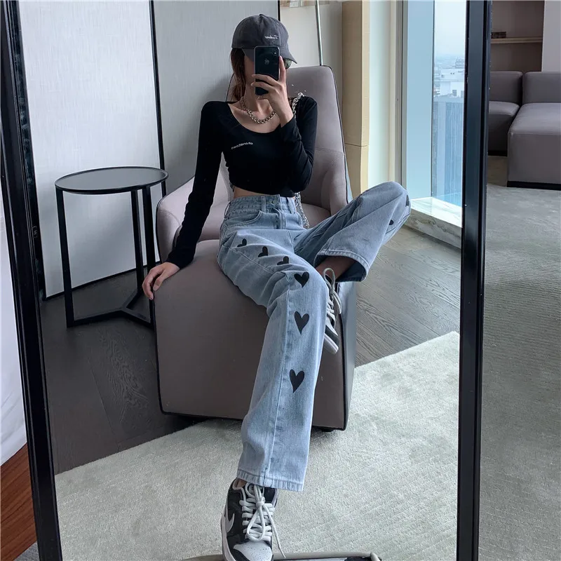 

Chic Women Jeans High Waist Straight Loose Denim Blue Wide-leg Pants 2021 New Love Heart Shape Denim Pants Trousers Daddy Pants